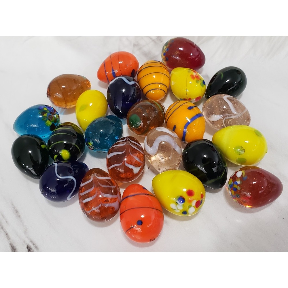 Lot 23 Hand Blown Murano Style Glass Easter Eggs Marbles Mini Colorful Swirl